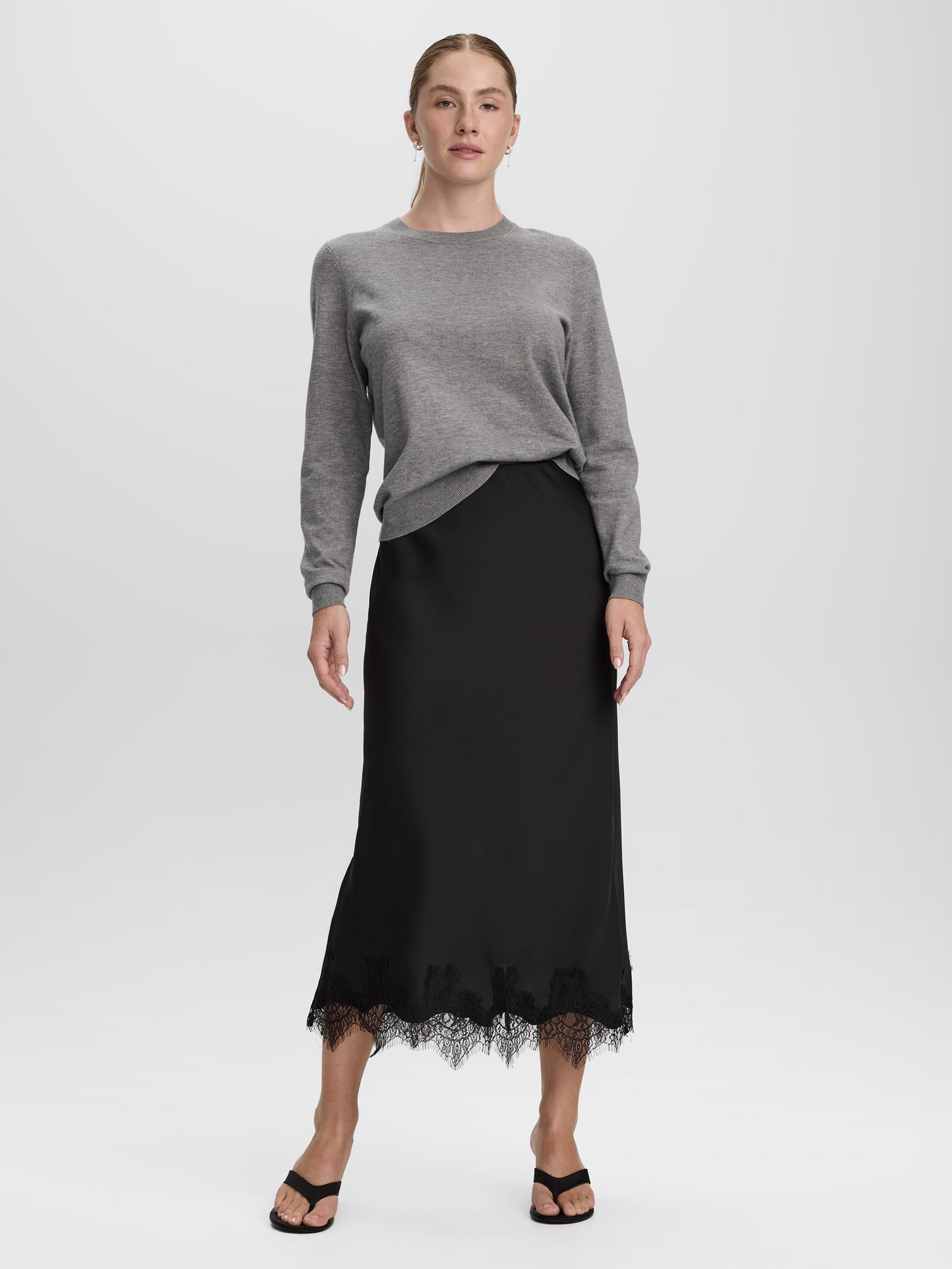 Satin Midi Skirt with Lace Trim