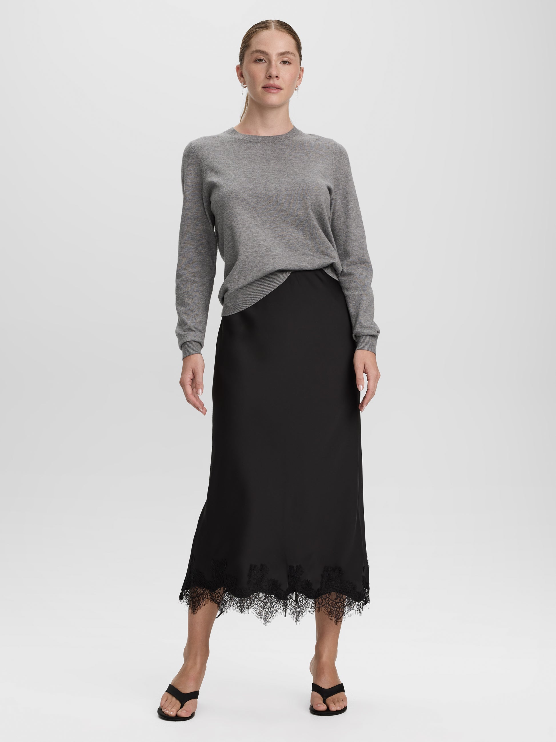 Satin Midi Skirt with Lace Trim