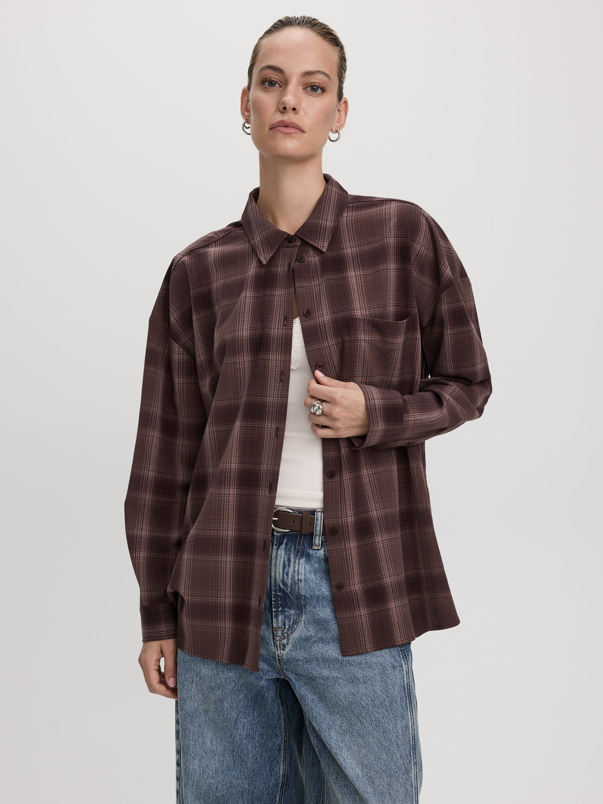 Loose Plaid Blouse with Pocket