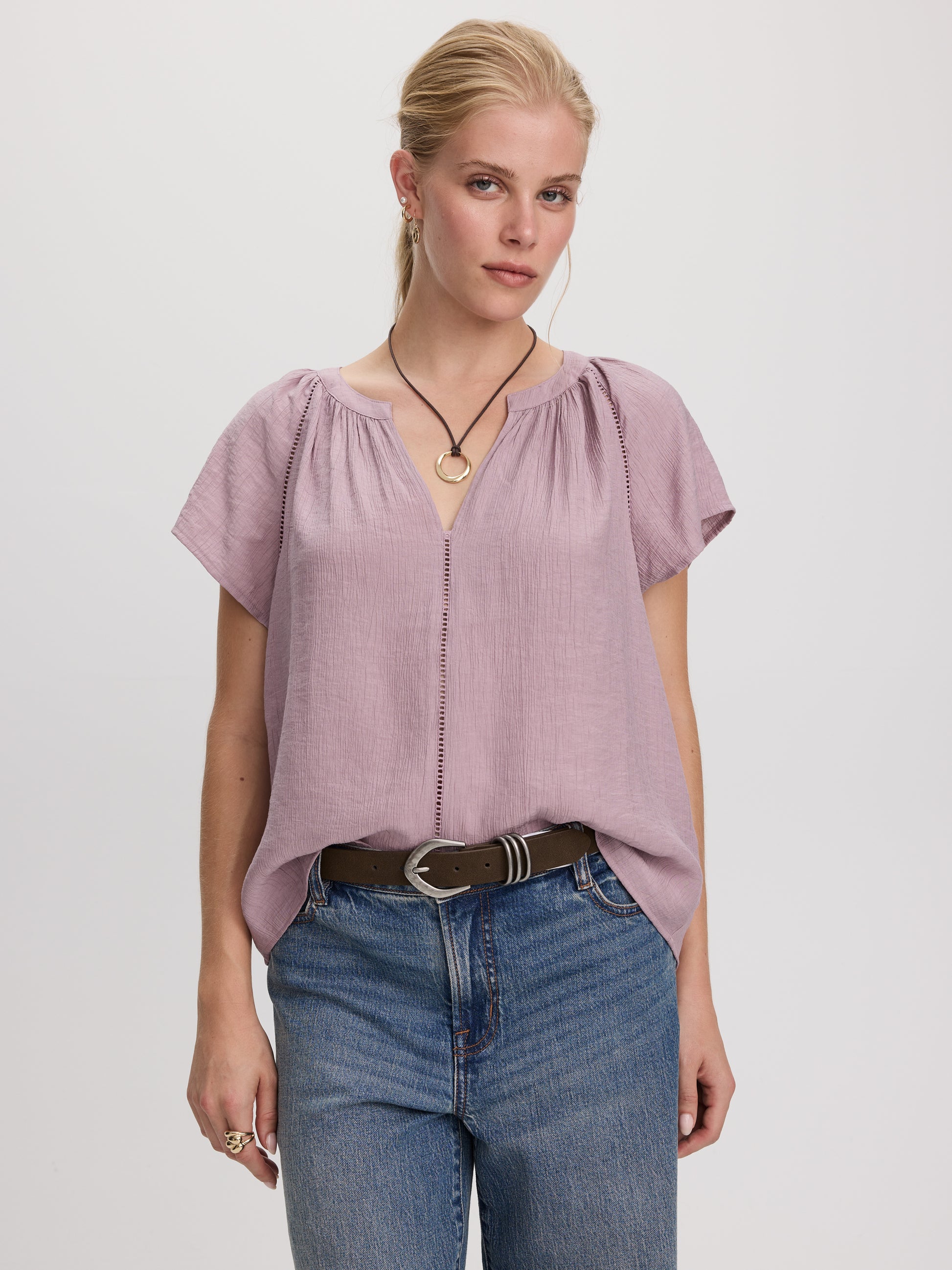 Split-Neck Blouse with Flutter Sleeves