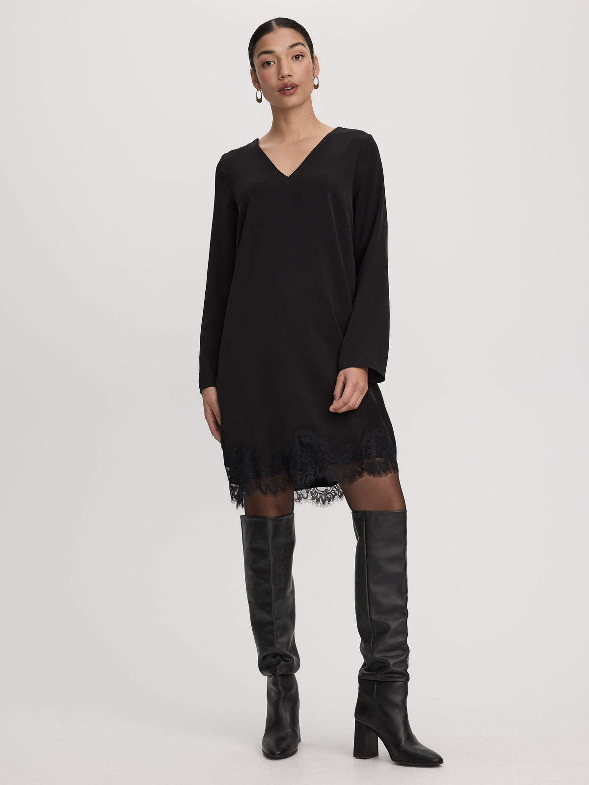 Long-Sleeve V-Neck Shift Dress with Lace Trim