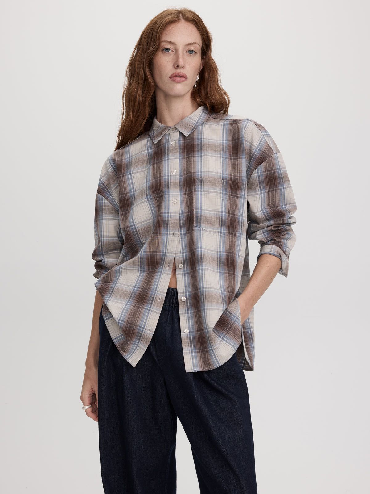 Loose Plaid Blouse with Pocket