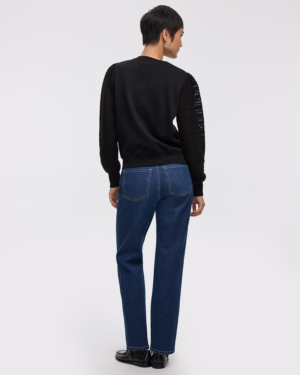 Long-Puffy-Sleeve Crew-Neck Mix-Media Sweatshirt