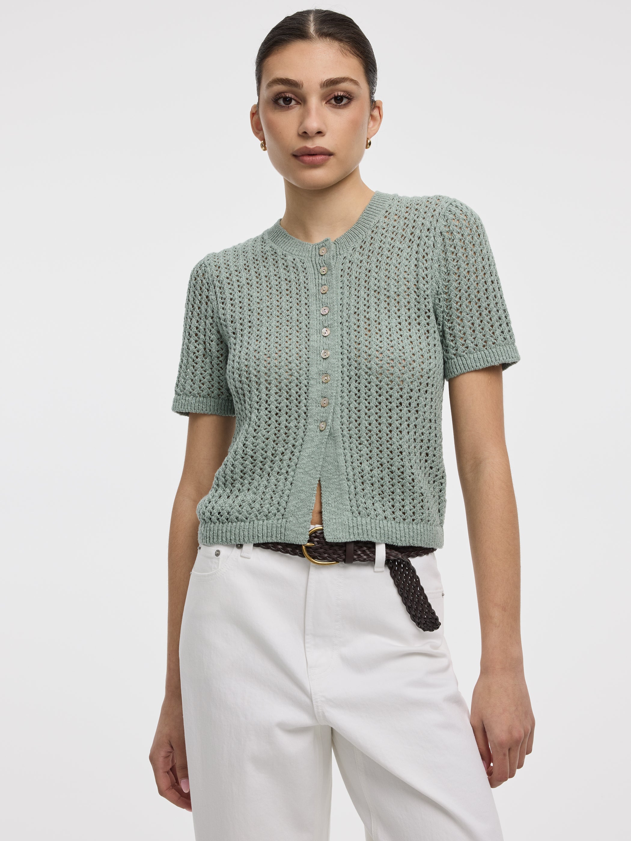 Short-Sleeve Crew-Neck Cardigan with Pointelle Stitches
