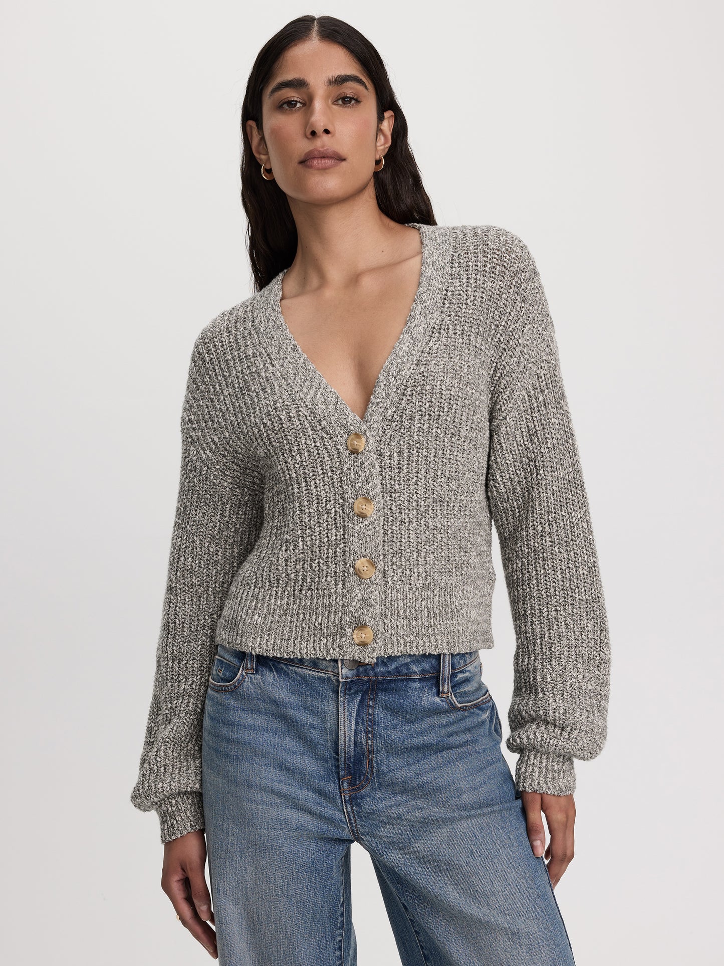 Long-Balloon-Sleeve V-Neck Cardigan