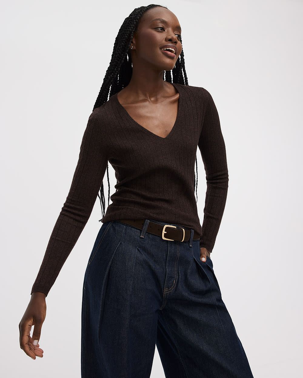 Pull à côtelé large à manches longues et col V