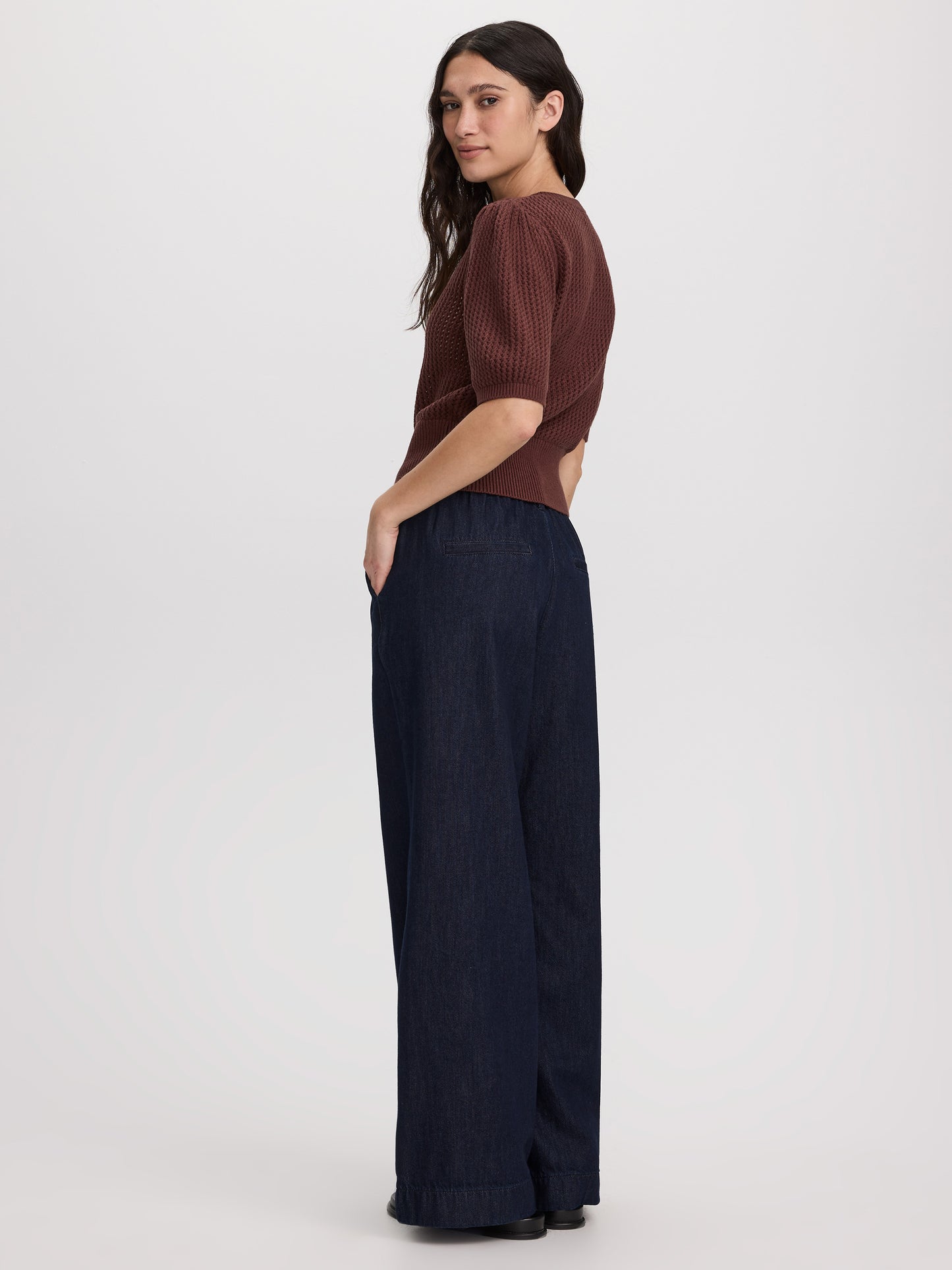 Short-Sleeve Crew-Neck Cardigan with Pointelle Stitches
