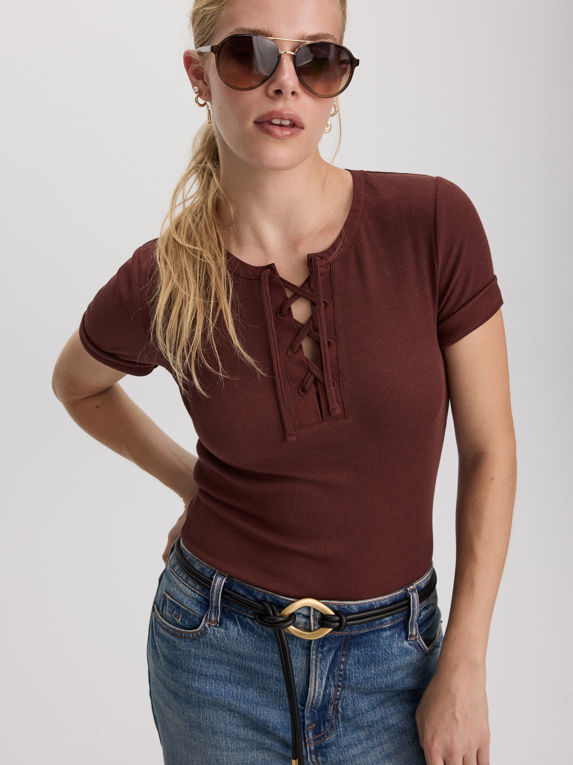Short-Sleeve Top with Lace-Up Split Neckline