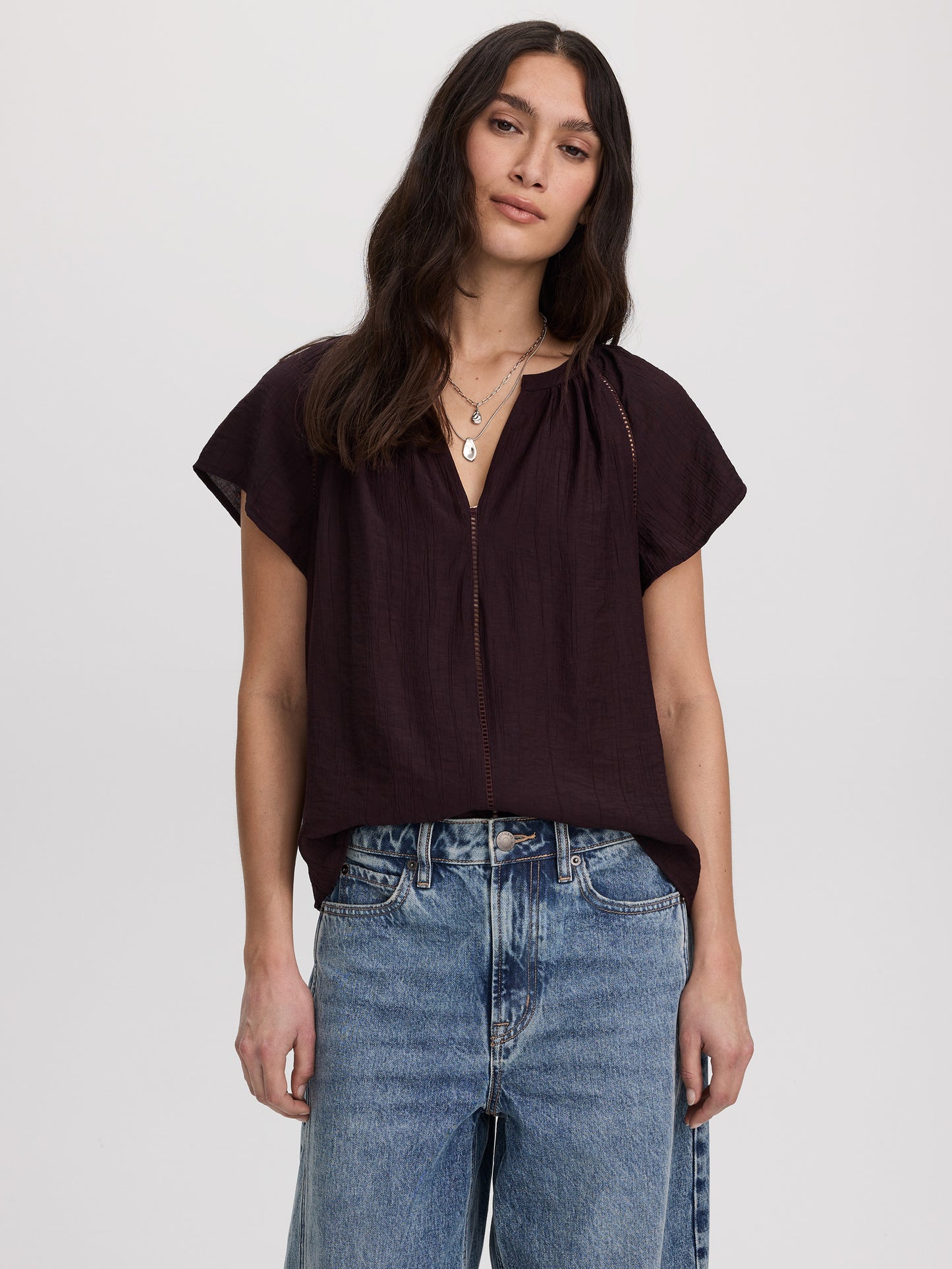 Split-Neck Blouse with Flutter Sleeves