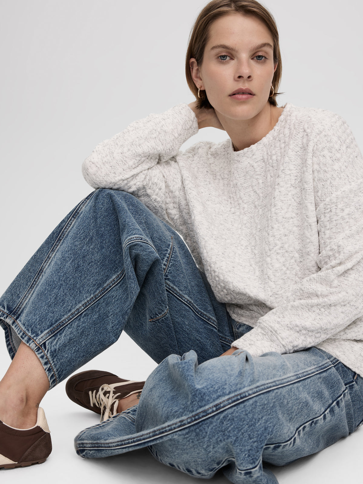 Long-Sleeve Crew-Neck Sweater with Cable Stitches