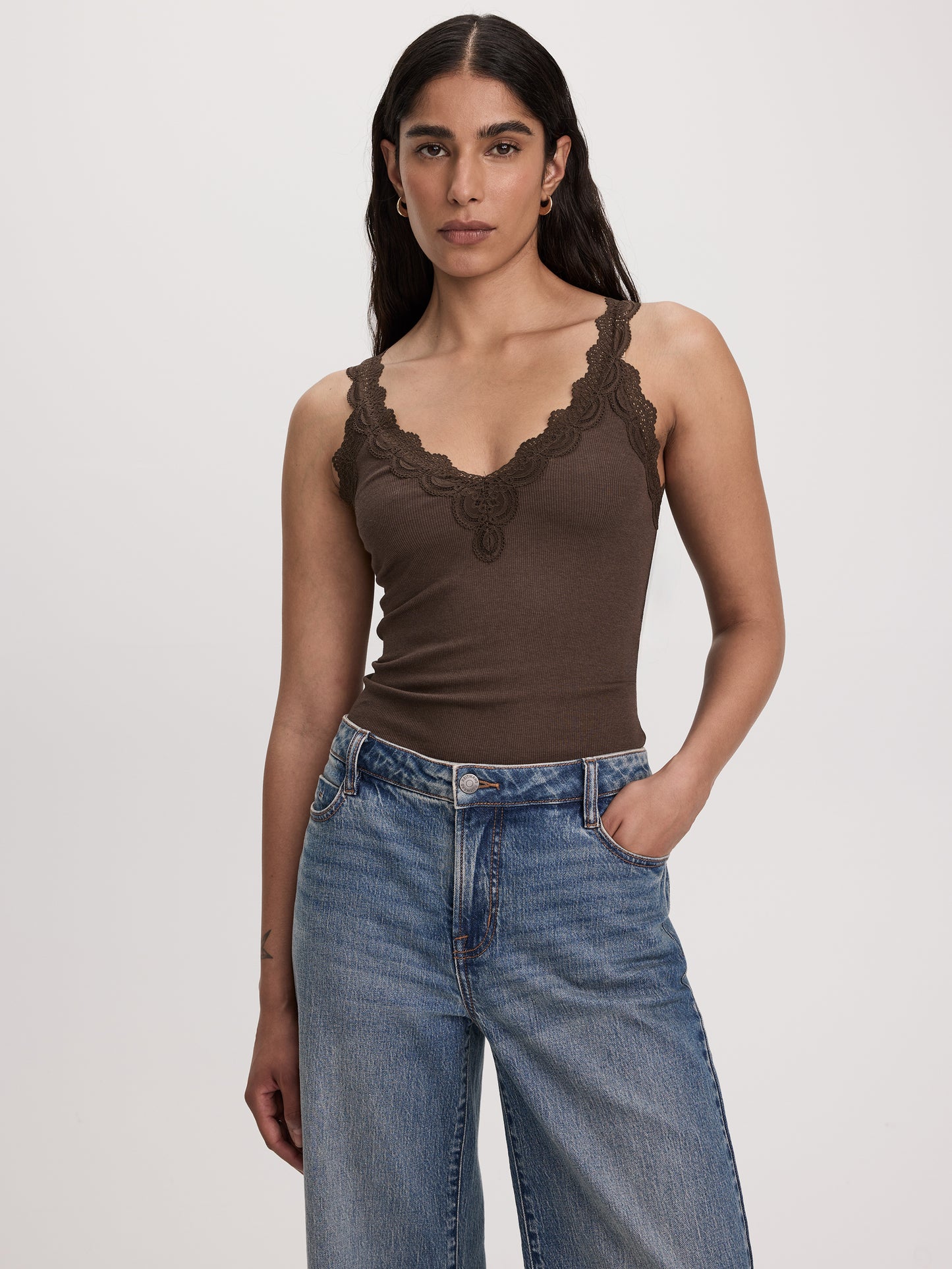 V-Neck Cami with Lace Trim