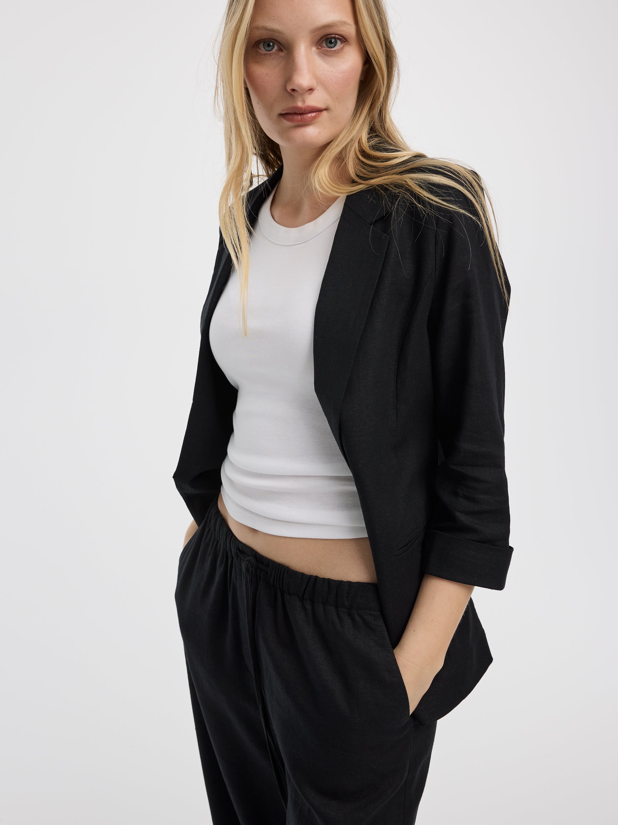 Open Linen Blazer with 3/4 Sleeves