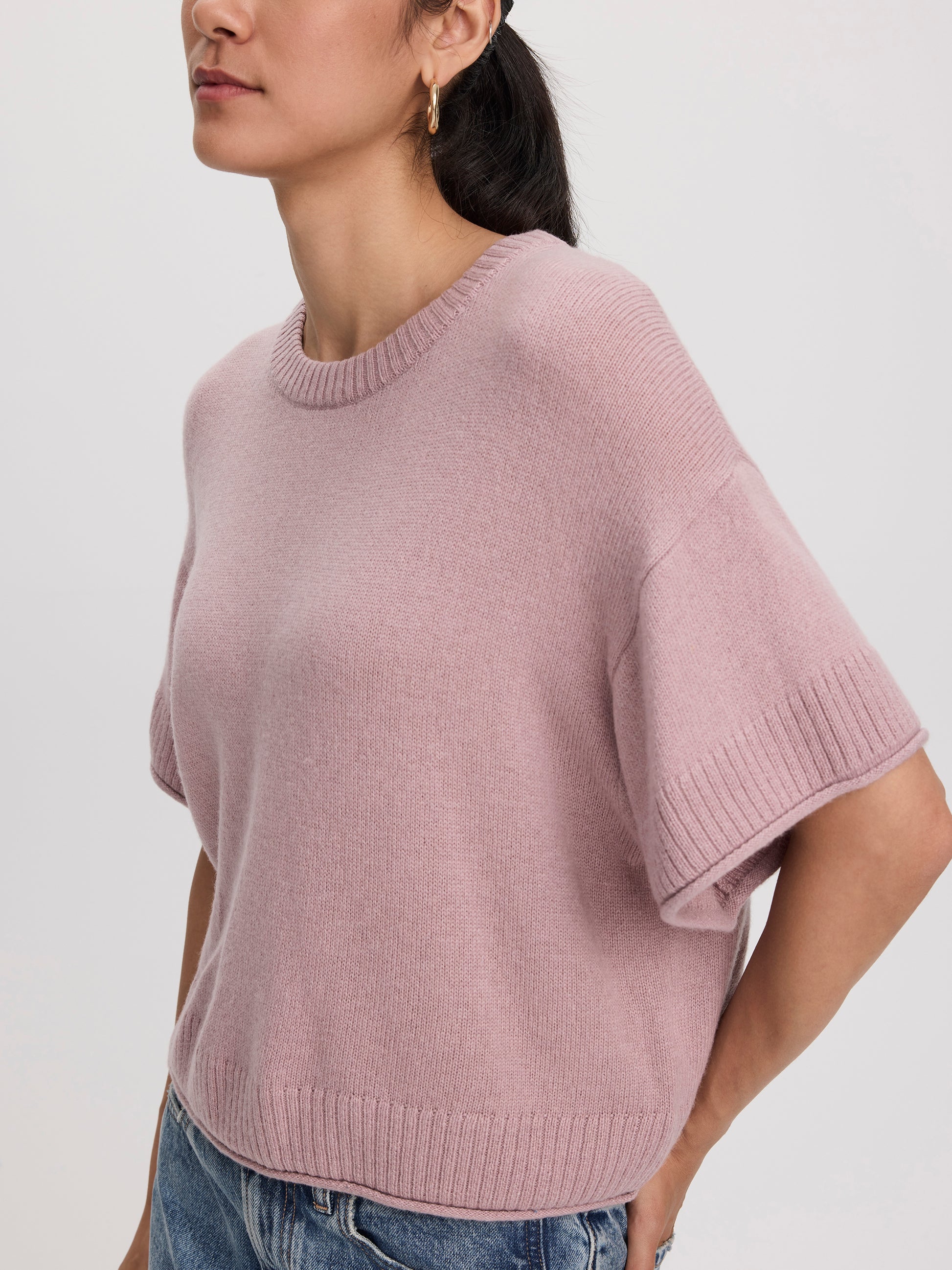 Cashmere-Blend Short-Sleeve Crew-Neck Loose Sweater