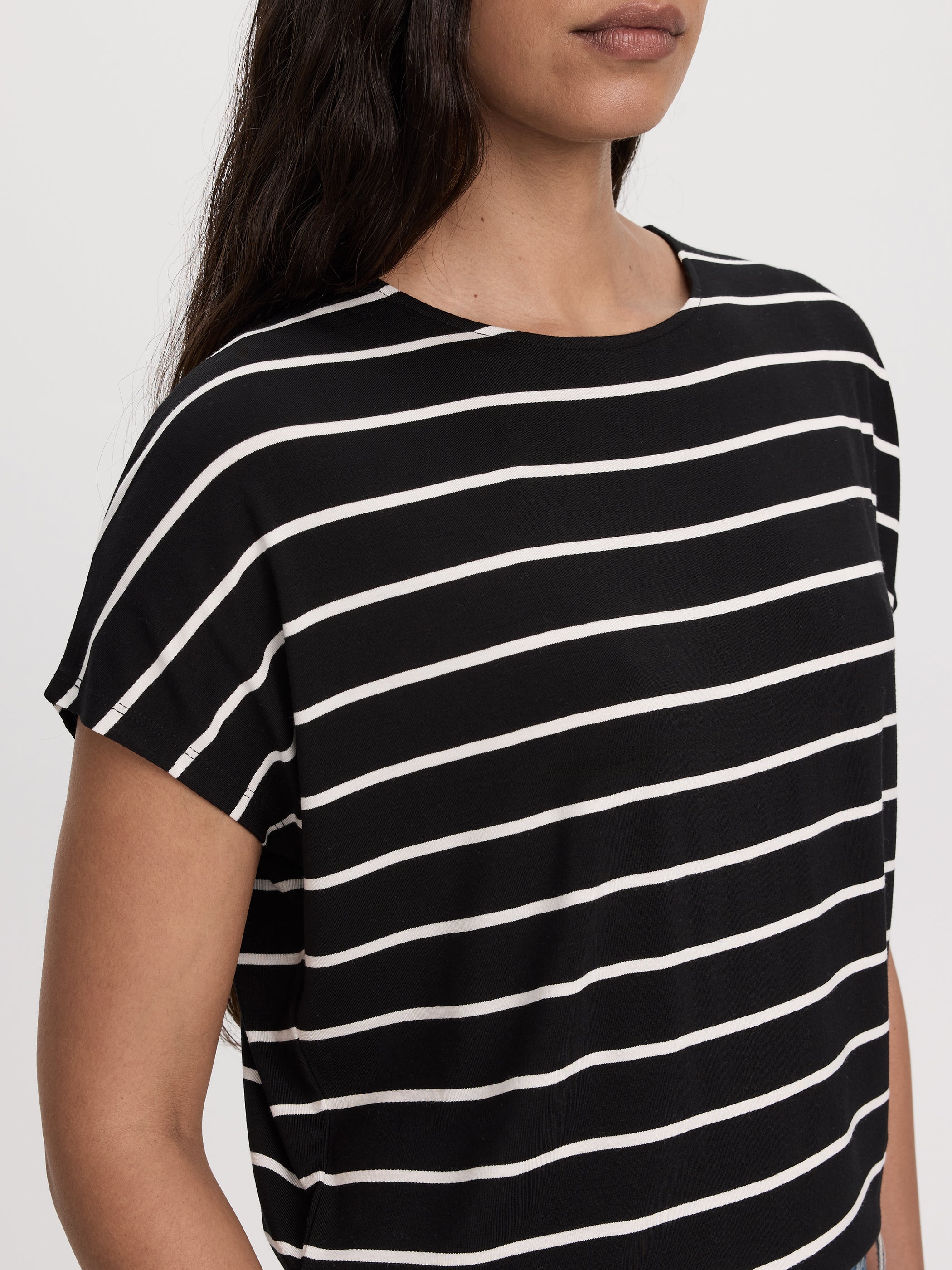 Striped Short-Dolman-Sleeve Boat-Neck T-Shirt