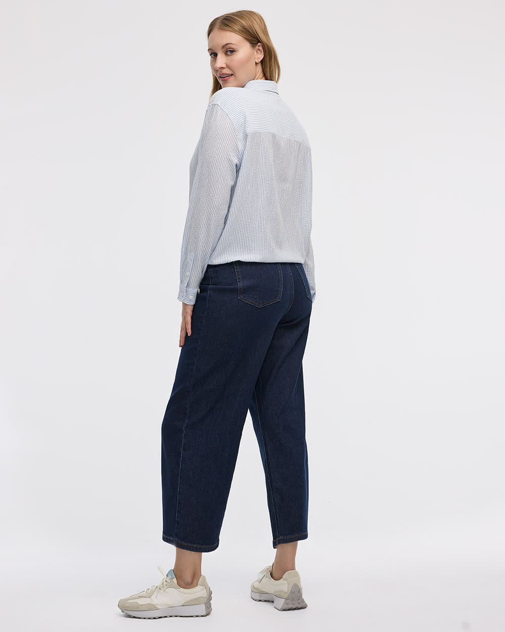 Seersucker Long-Sleeve Buttoned-Down Blouse