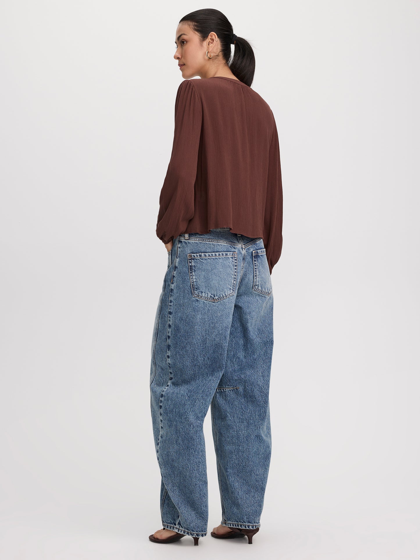Long-Sleeve Split-Neck Blouse with Embroideries