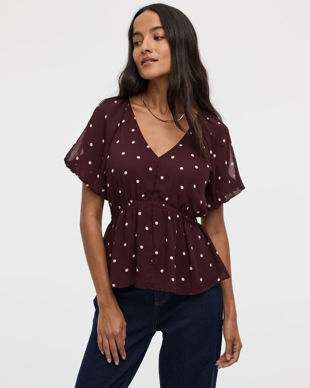 Short-Bubble-Sleeve V-Neck Blouse