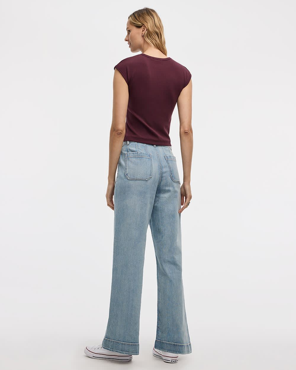 Extended-Sleeve Crew-Neck Ribbed Top