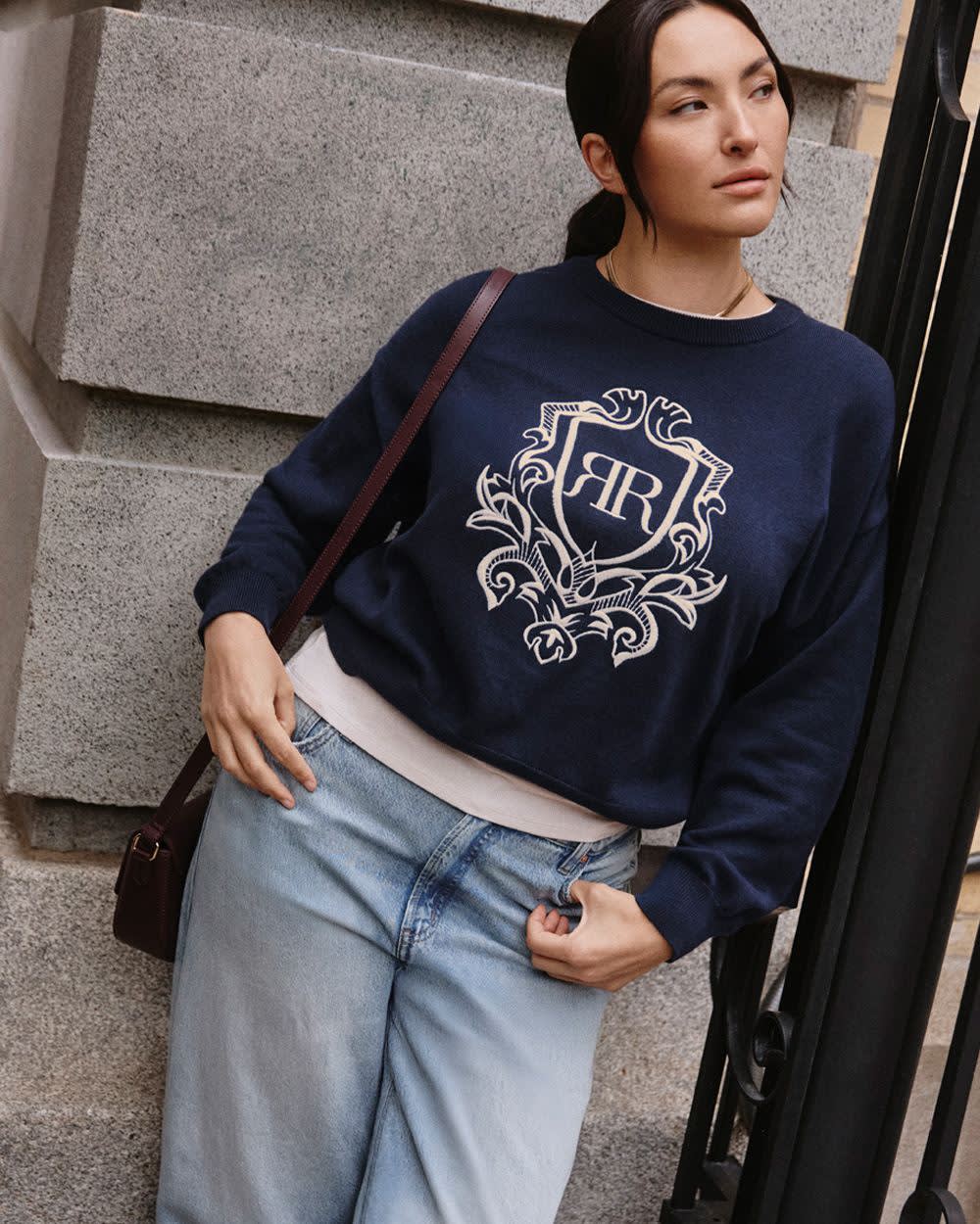 Long-Sleeve Crew-Neck Sweater with Embroidery