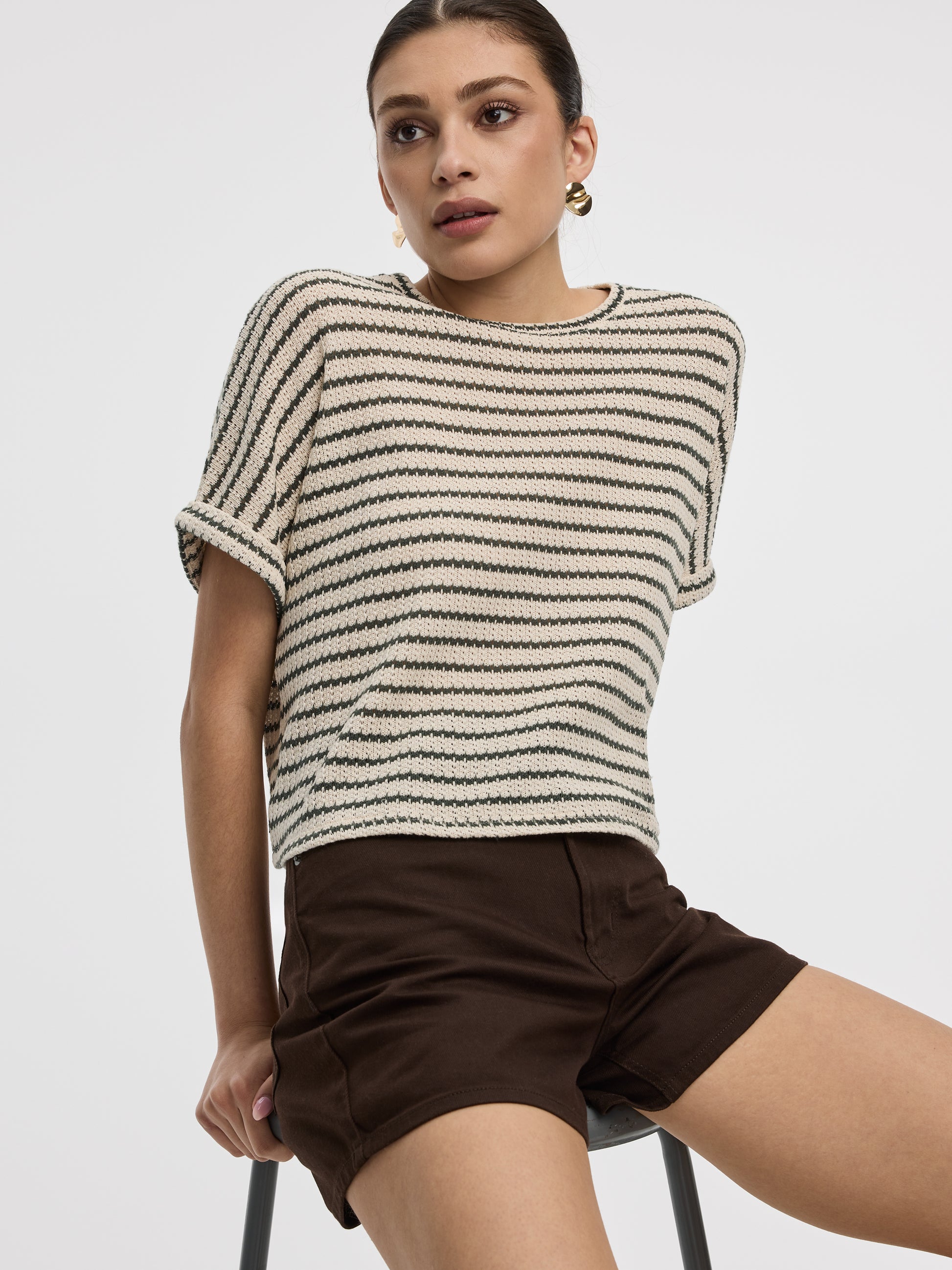 Striped Short-Dolman-Sleeve Crew-Neck Tee