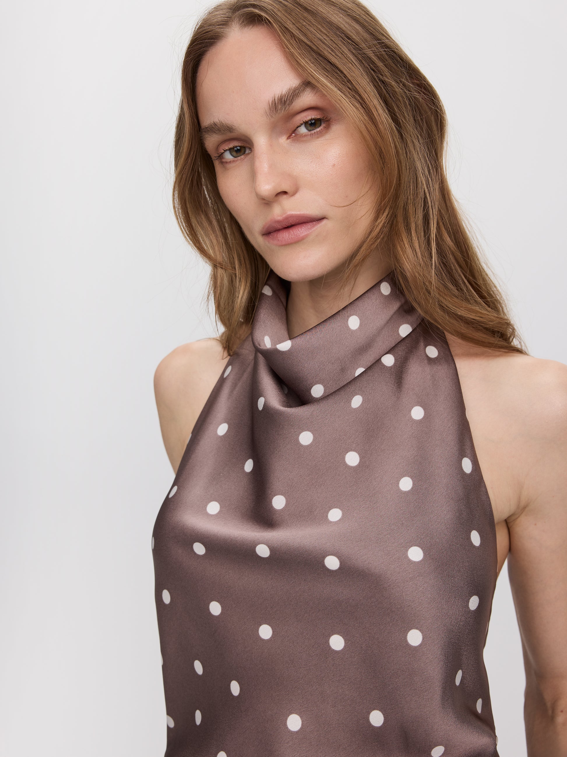 Sleeveless Satin Top with Halter Neckline