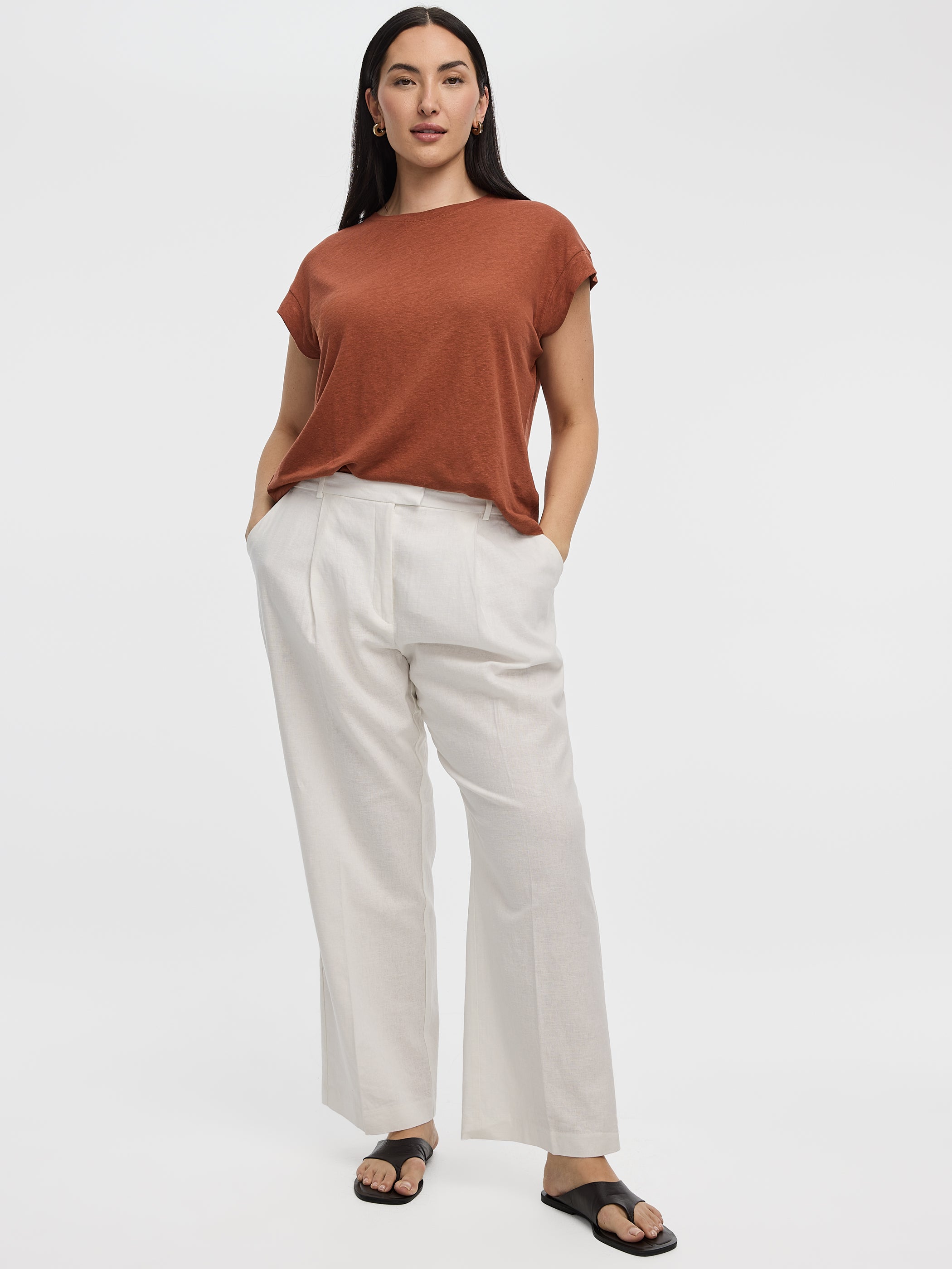 Pantalon en mélange de lin à jambe droite et taille haute - Coupe Courbes