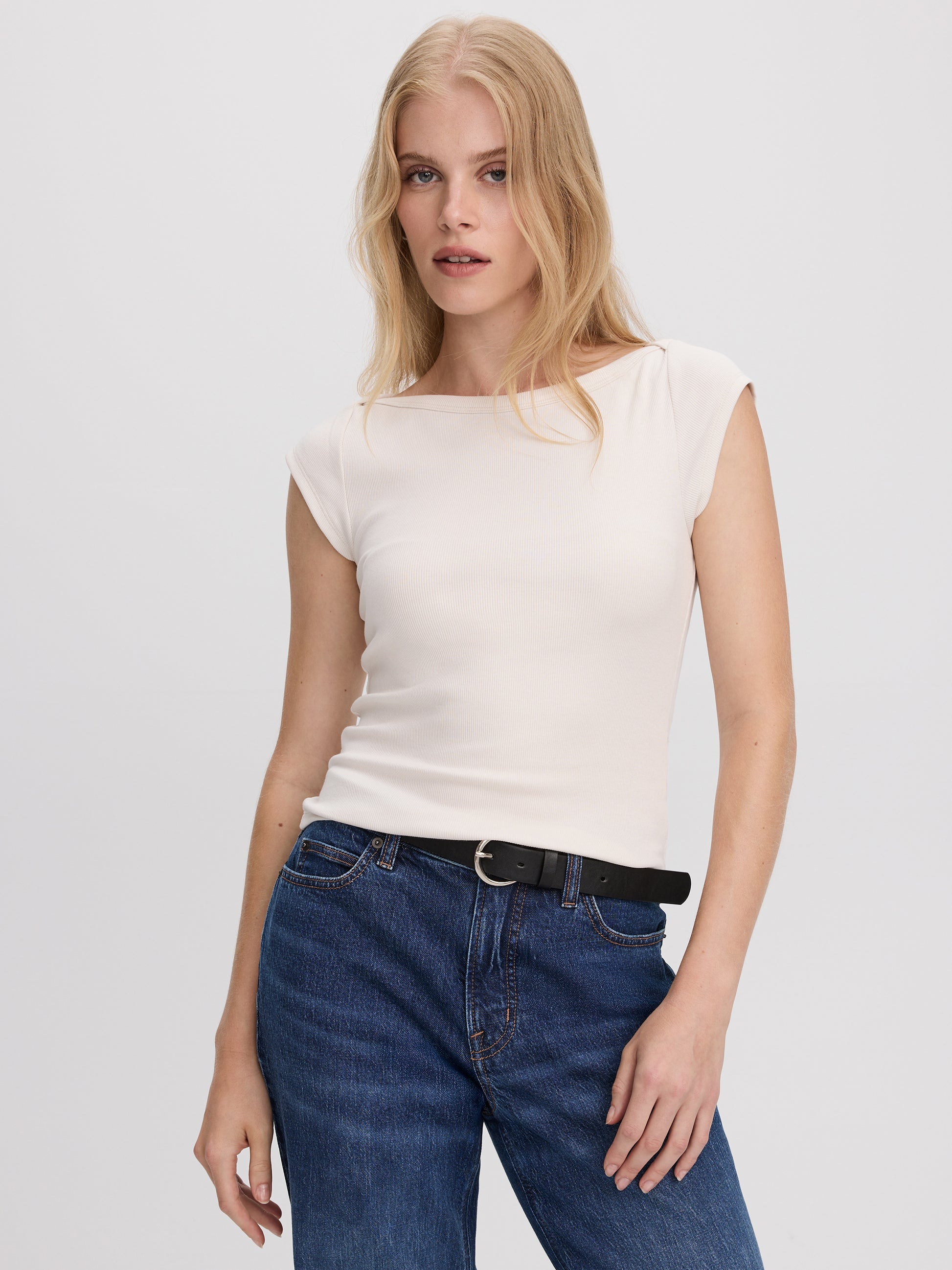 Extended-Sleeve Boat-Neck Ribbed Top