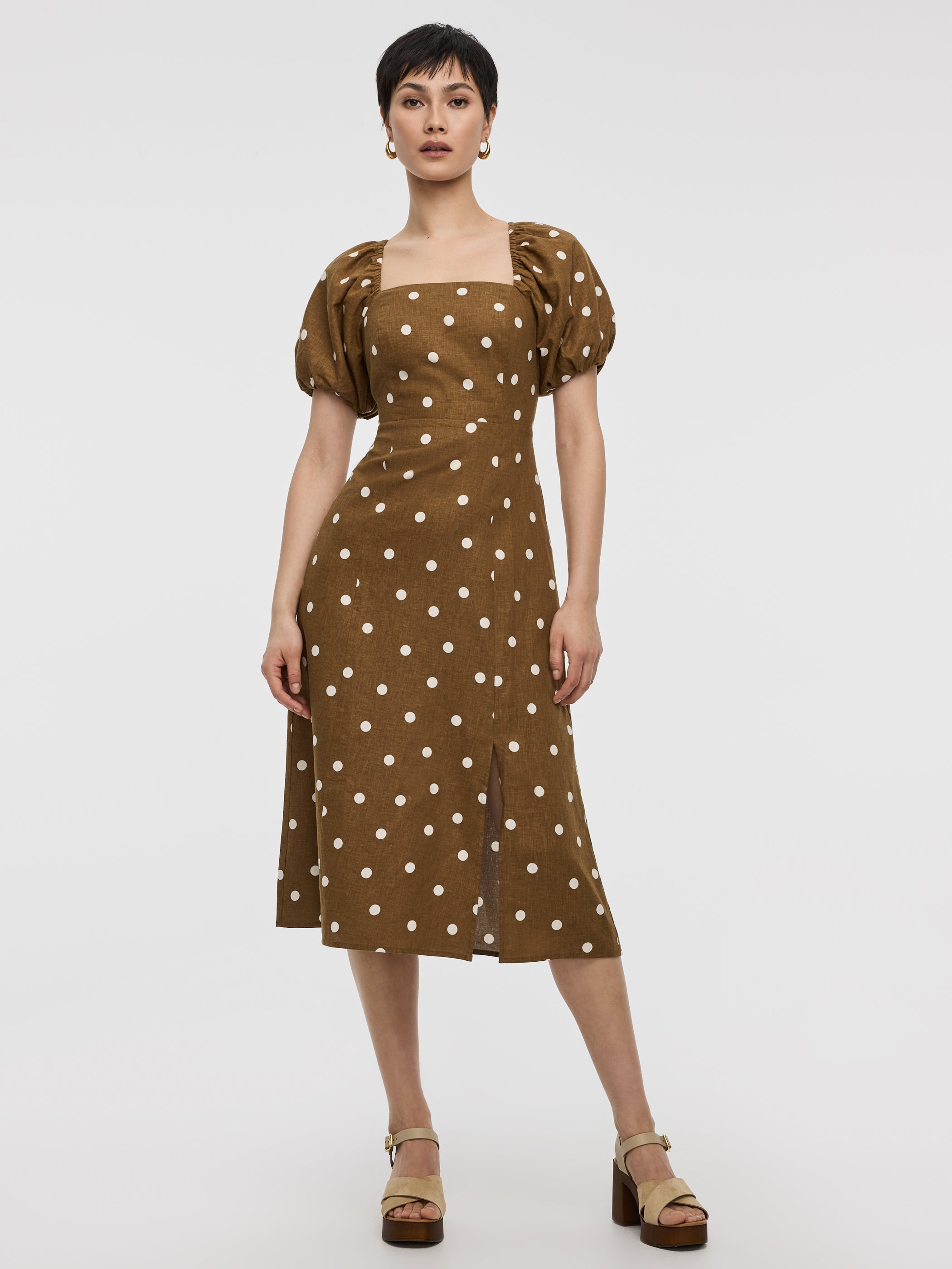 Square-Neck Midi Dress with Bubble Sleeves