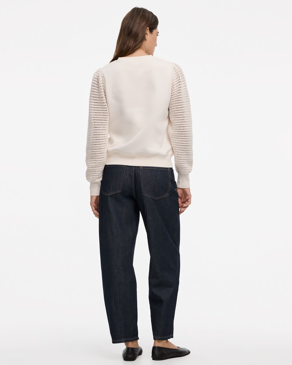 Long-Puffy-Sleeve Crew-Neck Mix-Media Sweatshirt