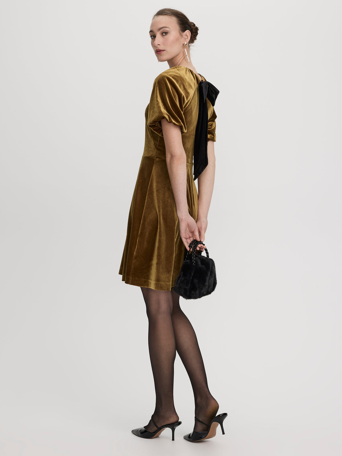 Elbow-Sleeve Velvet Mini Dress with Bow
