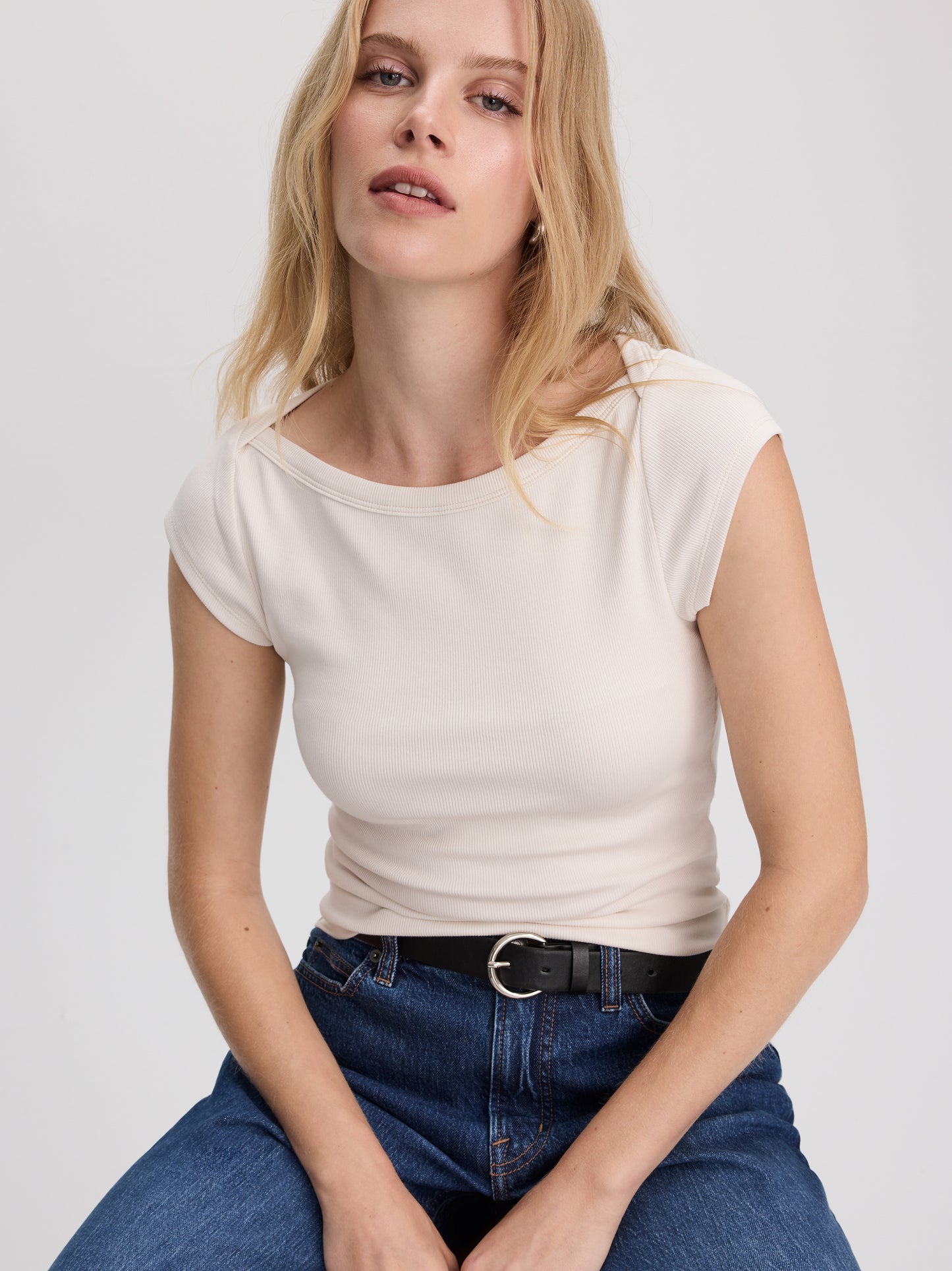 Extended-Sleeve Boat-Neck Ribbed Top