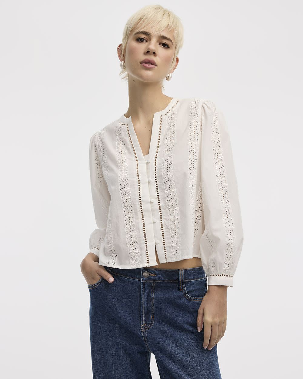 Puffy-Sleeve Split-Neck Blouse with Eyelet Trims