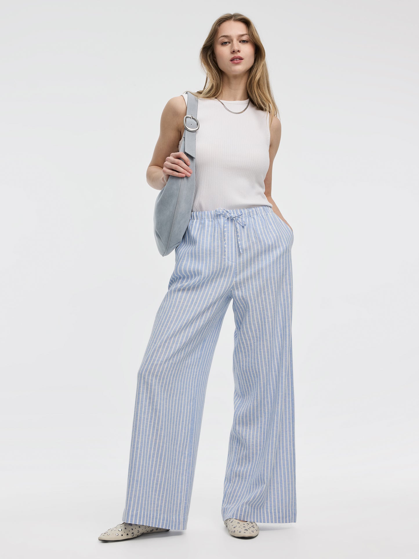 Pantalon rayé à jambe large en mélange de lin