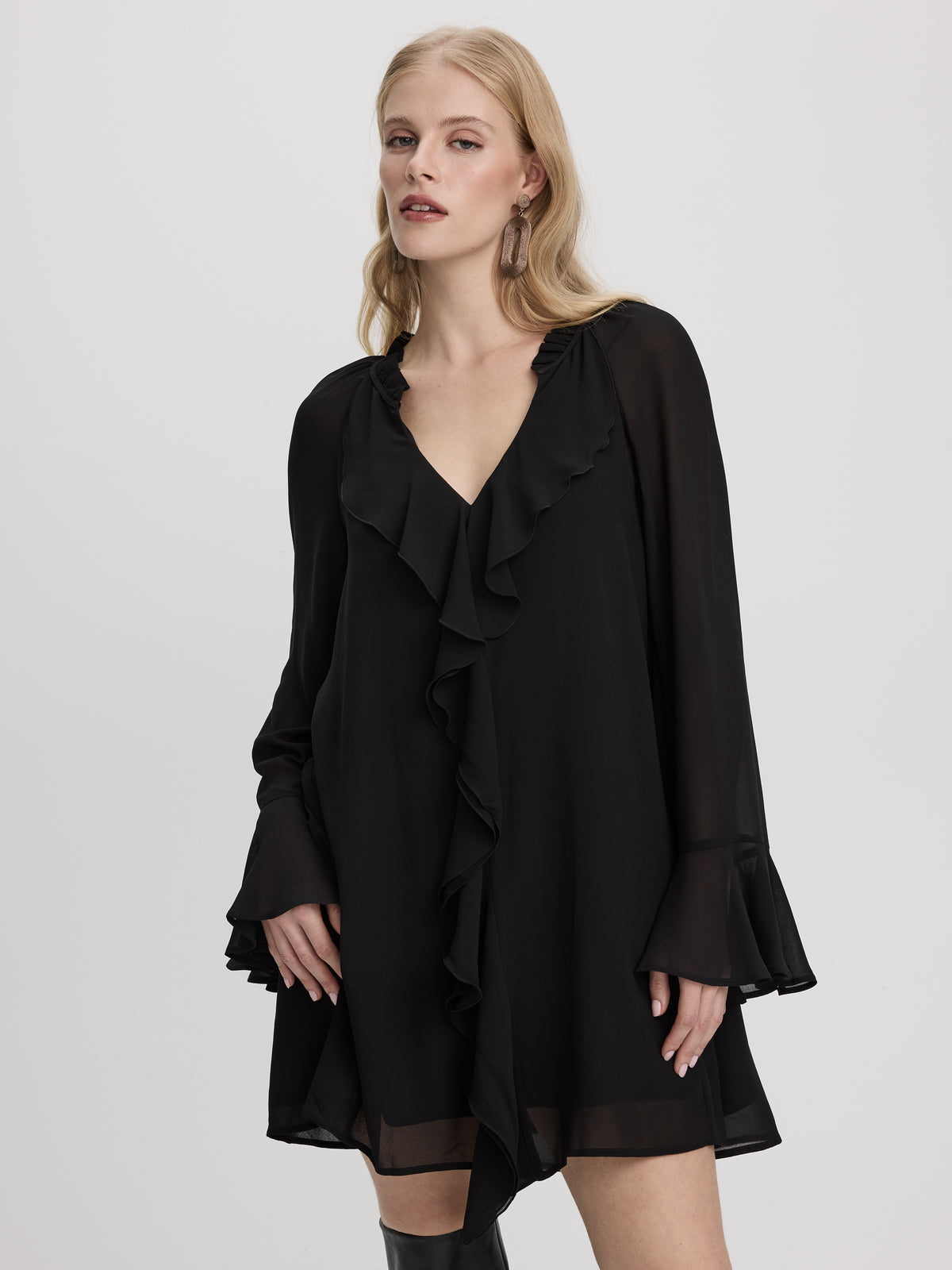 Long-Sleeve V-Neck Mini Dress with Ruffles