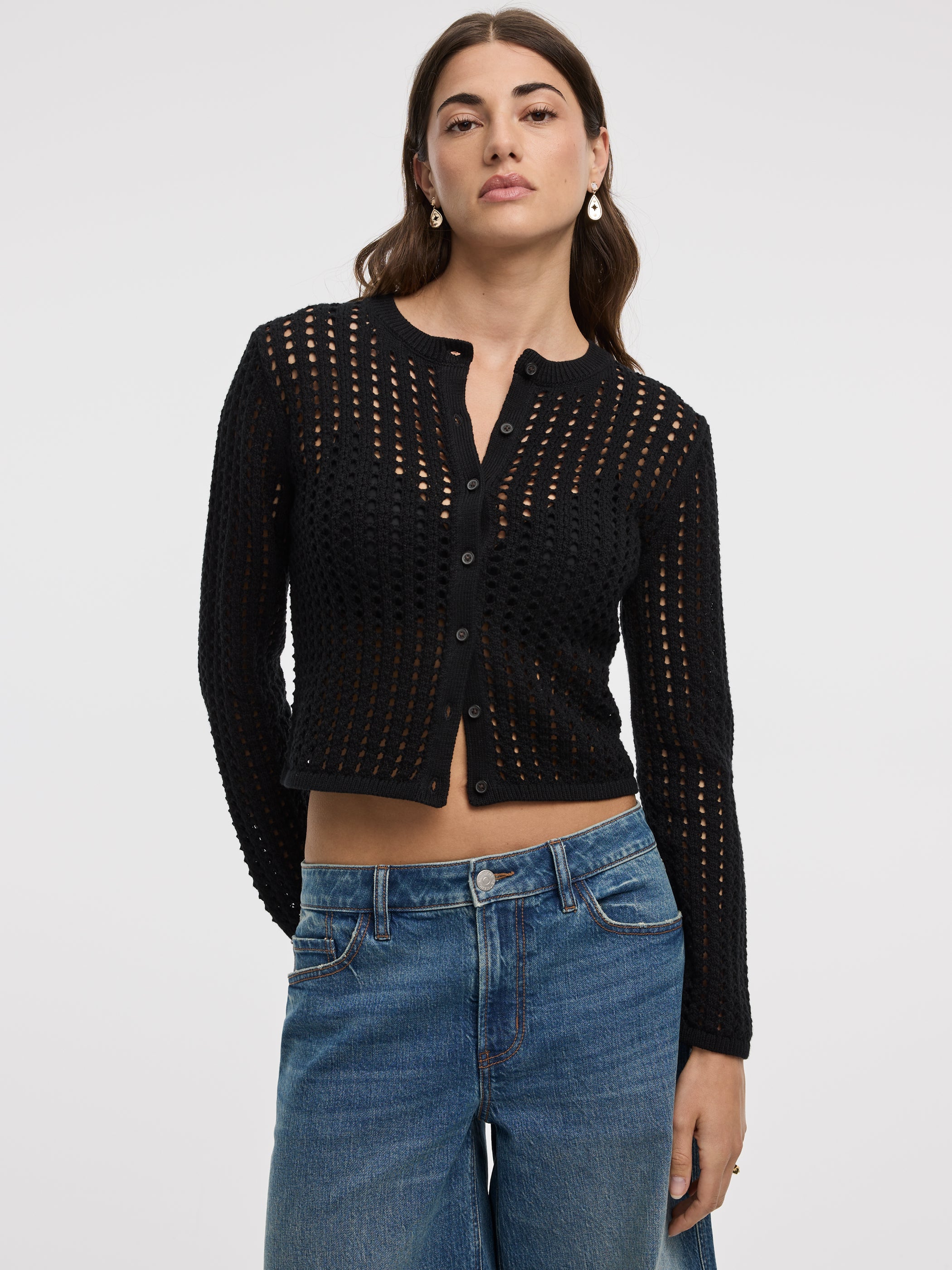 Long-Sleeve Crew-Neck Cardigan with Open Stitches