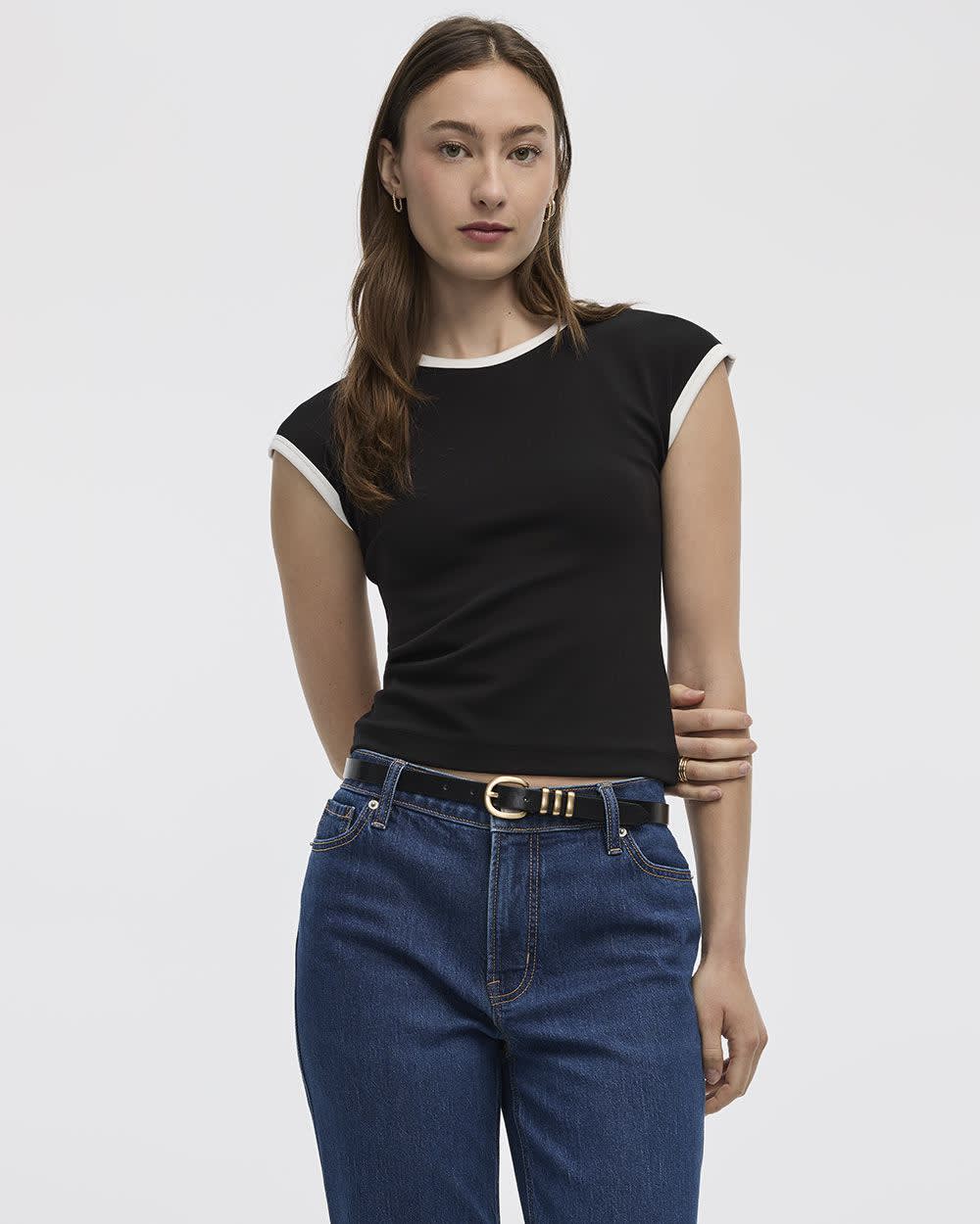 Extended-Sleeve Crew-Neck Ribbed Top