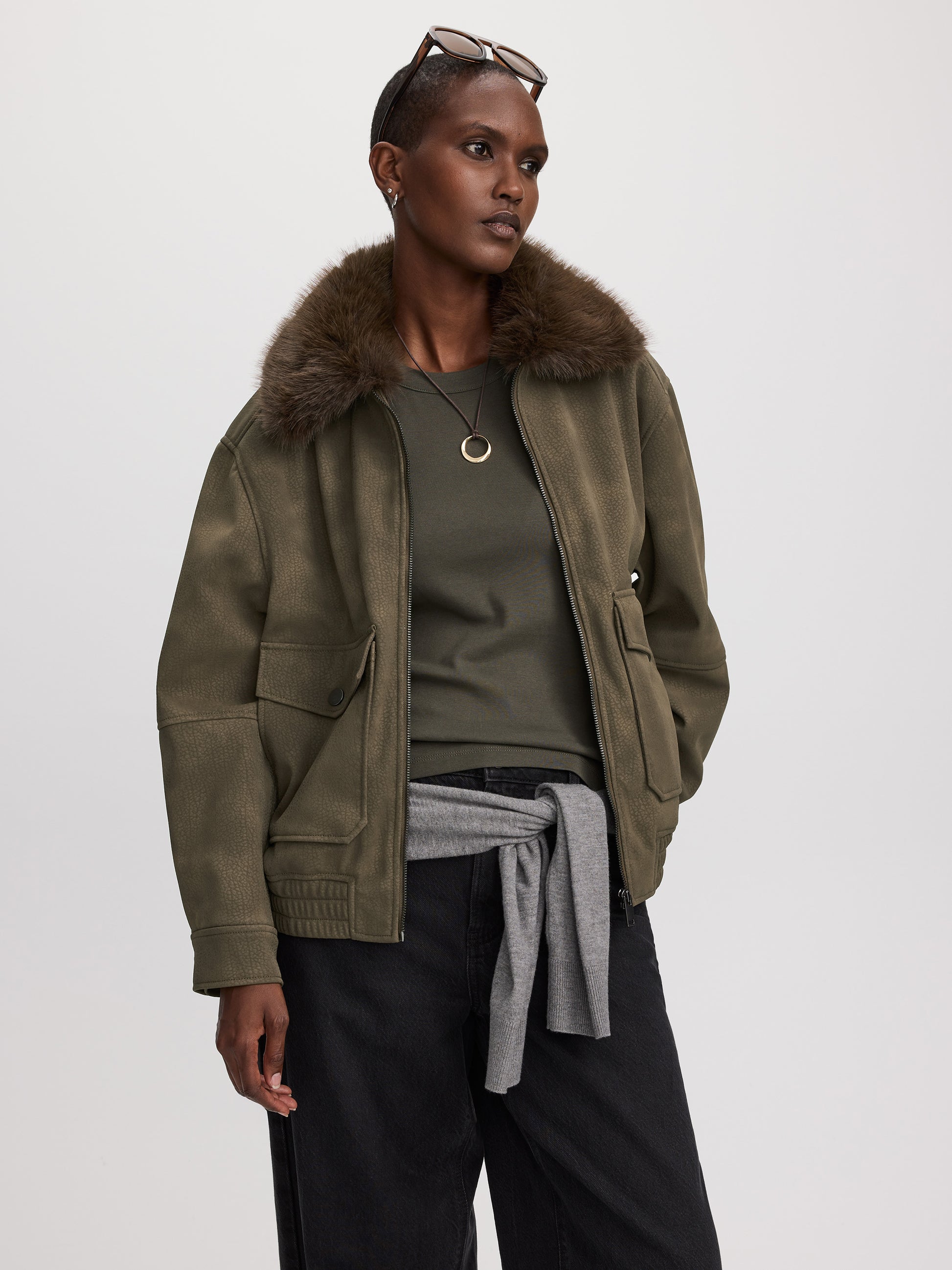 Faux Suede Bomber Jacket with Faux Leather Collar