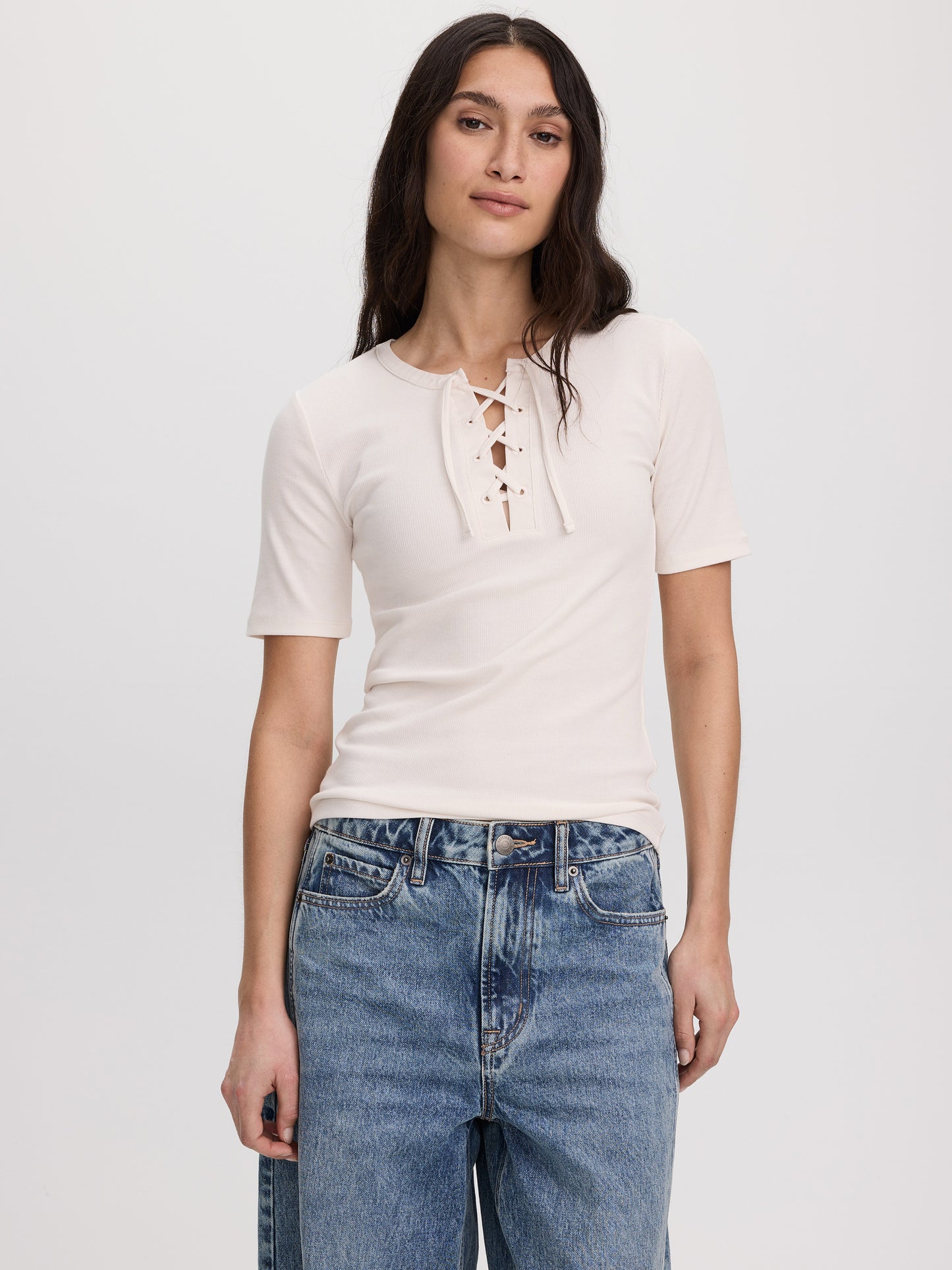 Short-Sleeve Top with Lace-Up Split Neckline
