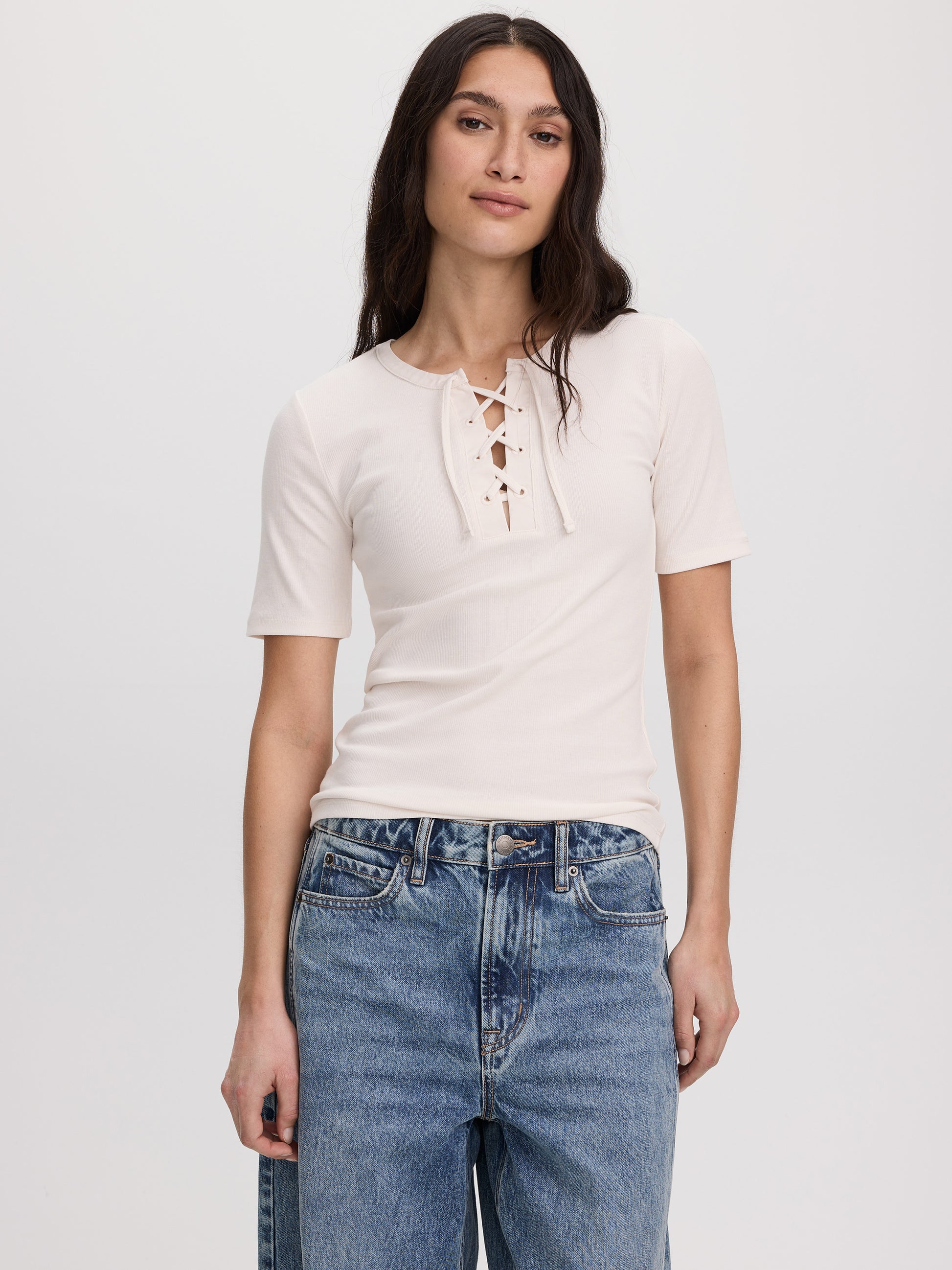 Short-Sleeve Top with Lace-Up Split Neckline