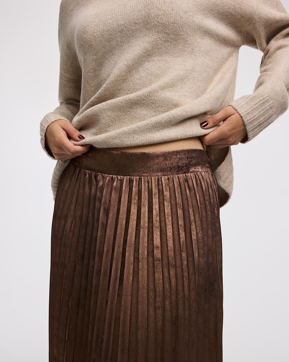 Pleated Lamé Midi Skirt