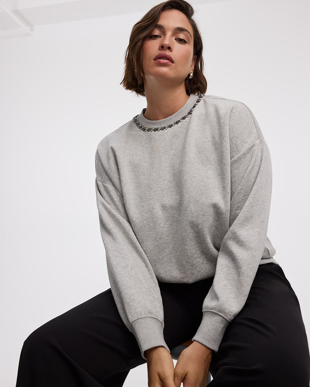 Long-Sleeve Crew-Neck Fleece Sweatshirt with Rhinestones