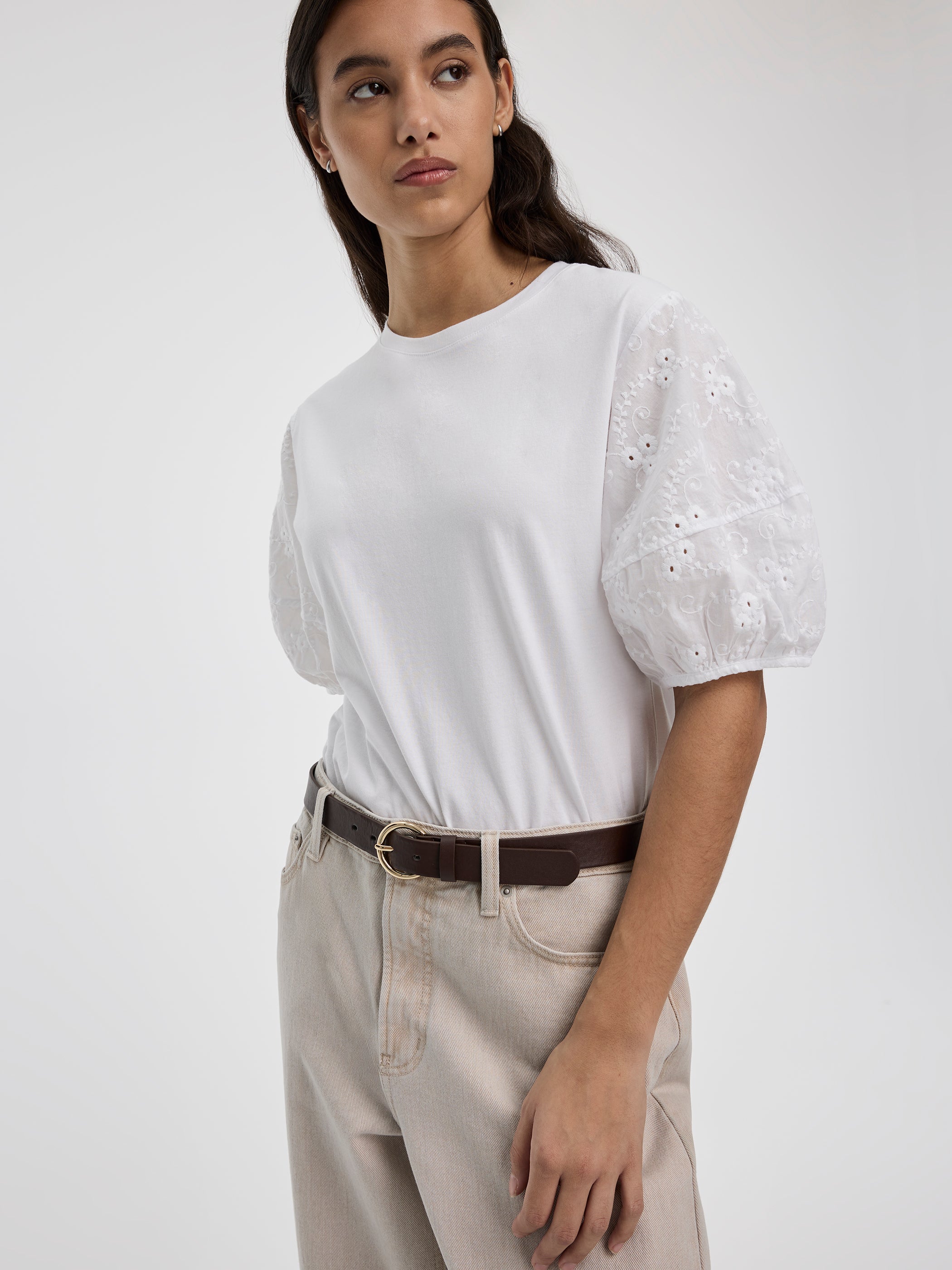 Crew-Neck Mix-Media Top with Short Puffy Sleeves