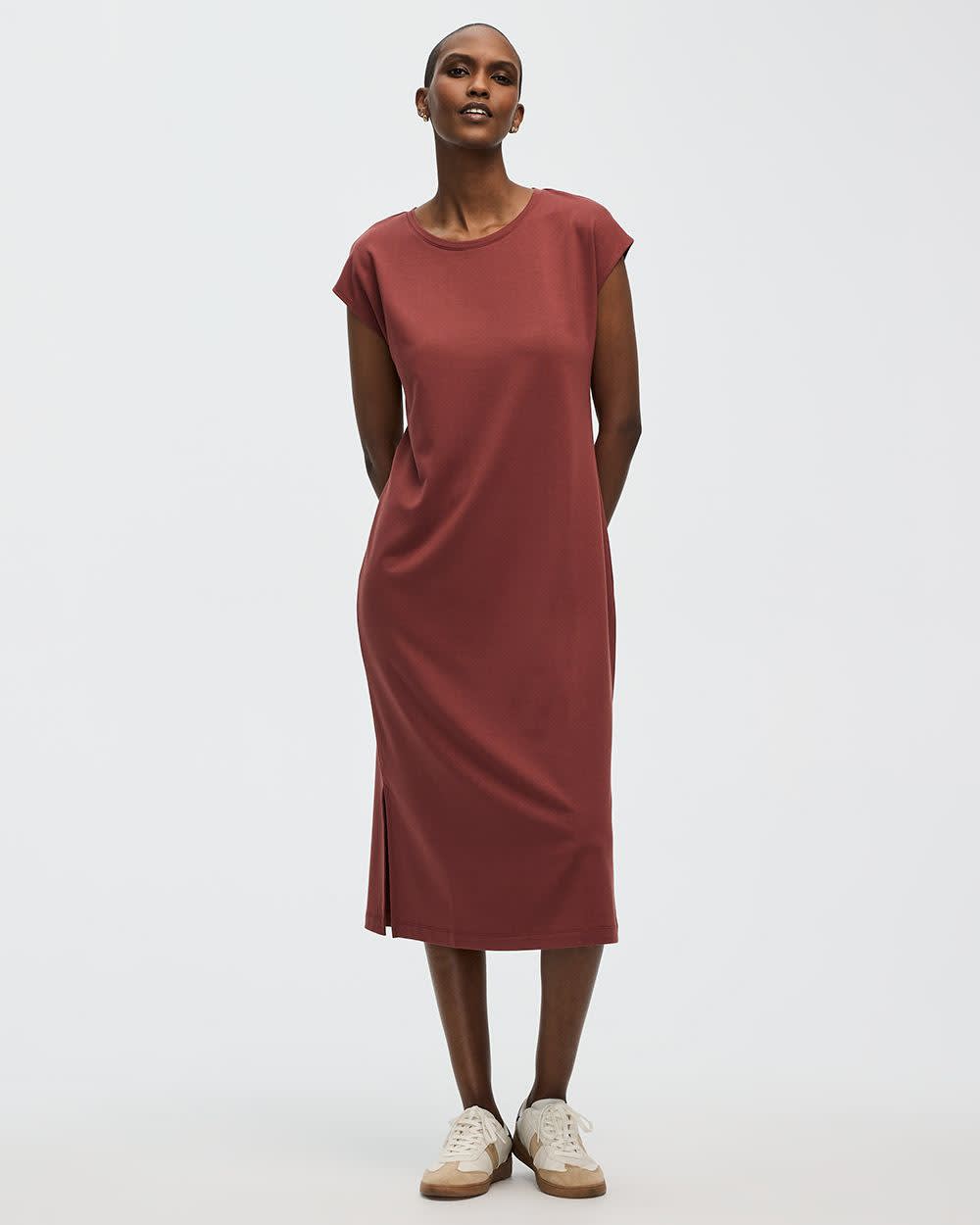 Extended-Sleeve Crew-Neck Midi Dress