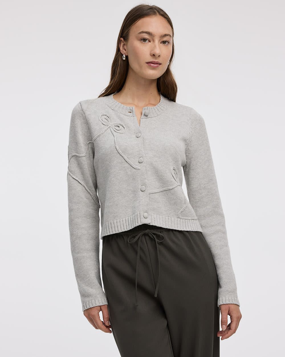 Long-Sleeve Crew-Neck Cardigan with Soutache Bows