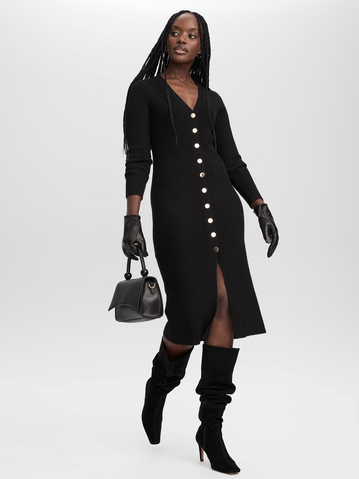 Long-Sleeve V-Neck Buttoned-Down Midi Dress