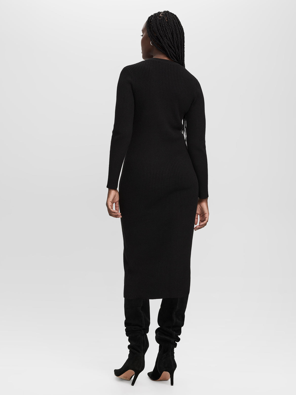 Long-Sleeve V-Neck Buttoned-Down Midi Dress