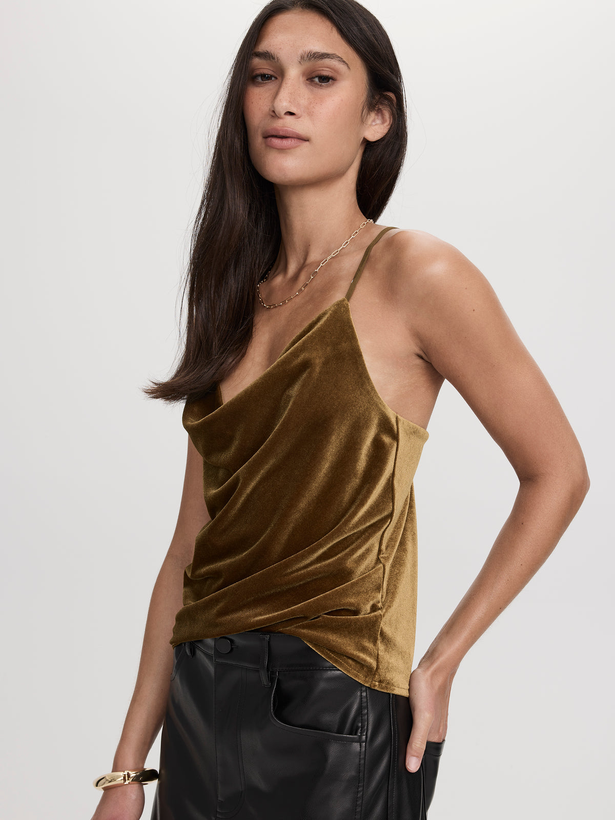 Sleeveless Draped-Neck Velvet Tank Top