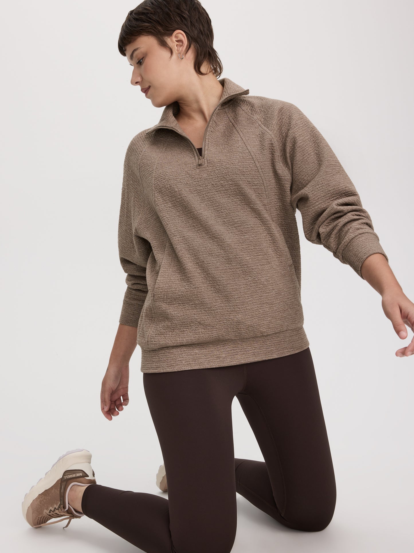 Long-Sleeve Half-Zip Mock-Neck Textured Top