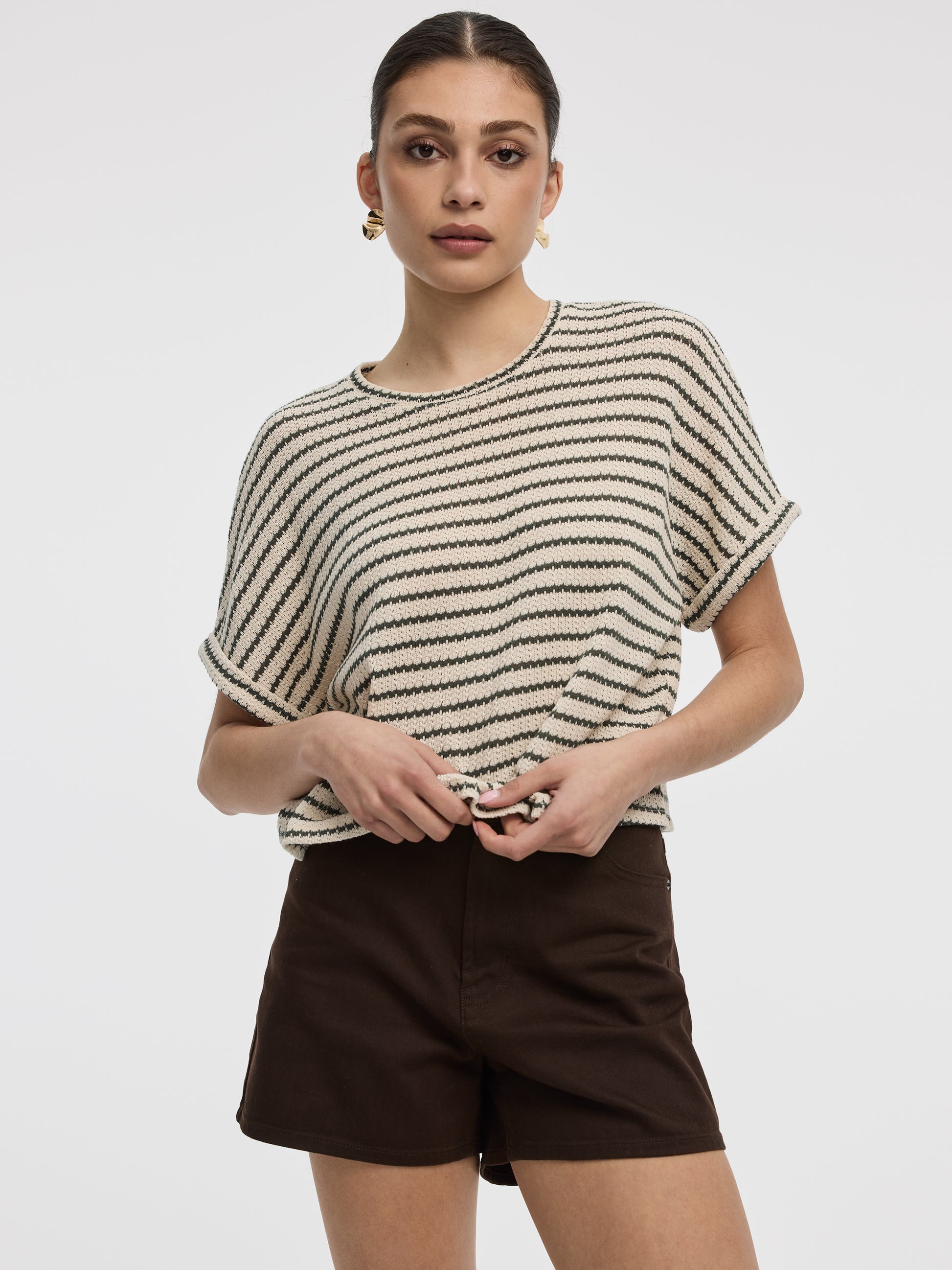 Striped Short-Dolman-Sleeve Crew-Neck Tee