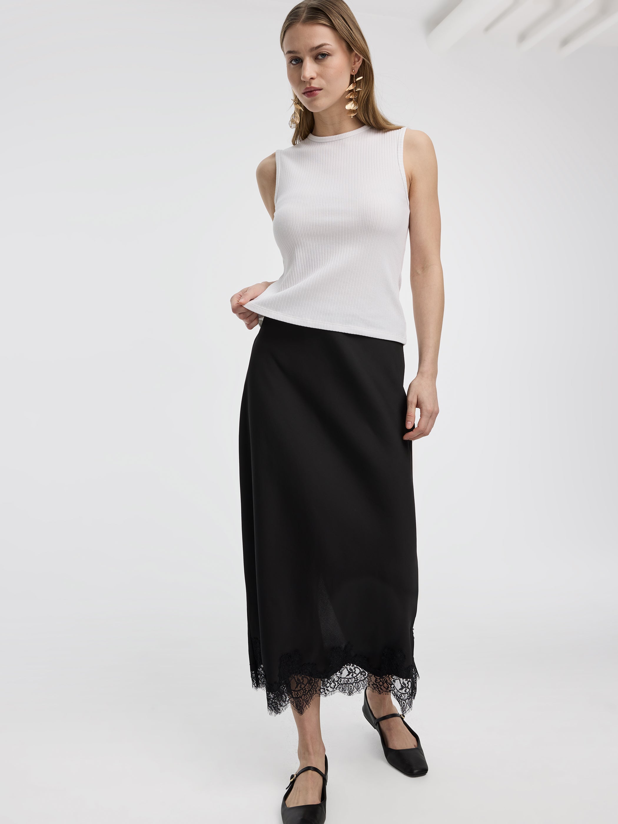 Satin A-Line Midi Skirt with Lace Trim